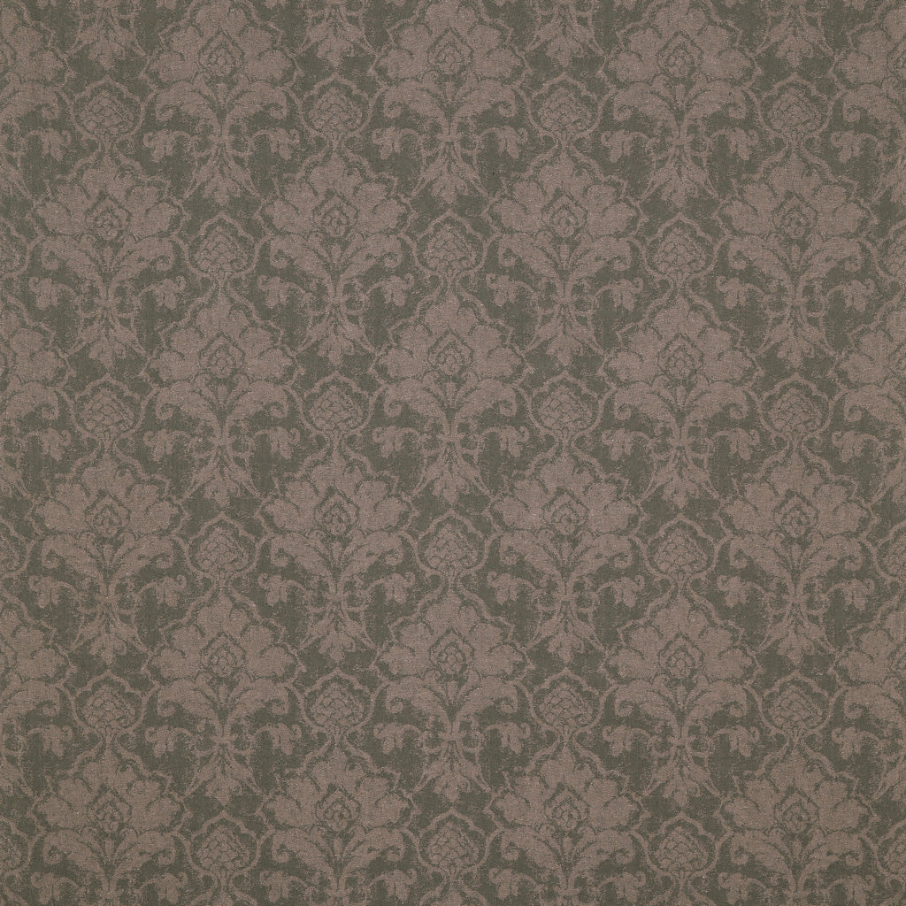 Patterned wallpaper with a damask design in brown and green tones.