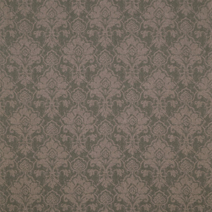 Patterned wallpaper with a damask design in brown and green tones.