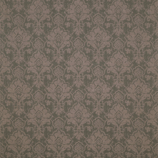 Patterned wallpaper with a damask design in brown and green tones.